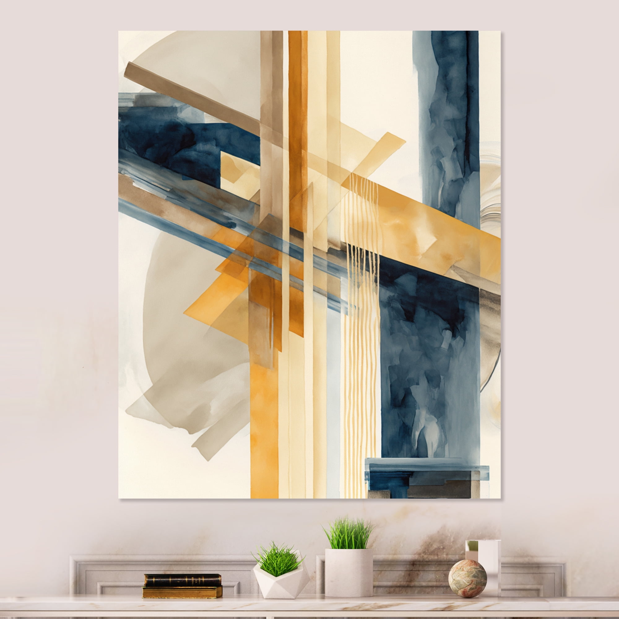 Designart Modern Blue And Gold Abstract III Canvas Wall Art