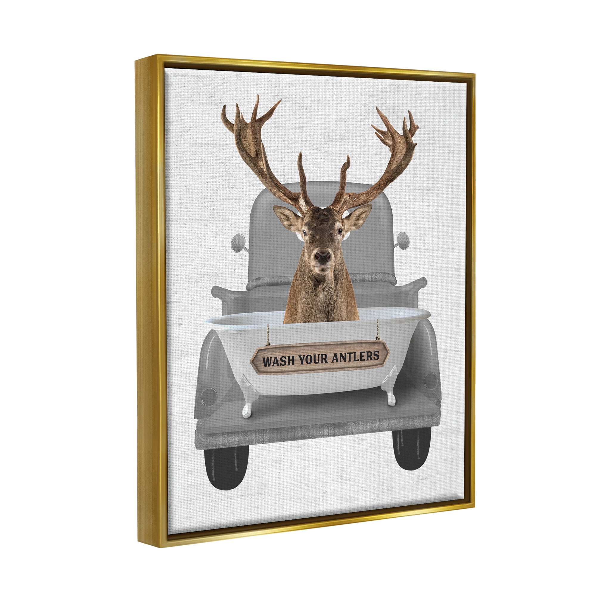 Stupell Industries Wash Your Antlers Deer Animals & Insects Painting Gold Floater Framed Art Print Wall Art, 17 x 21