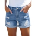 thumbnail image 2 of Shorts Vaqueros Desgastados de Tiro Medio-Alto para Mujer, con Bolsillos y Dobladillo Doblado, Informales, de Verano Azul L, 2 of 7