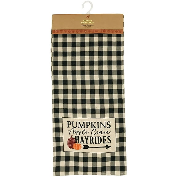 Serafina Home Fall Table Runner: Black and White Farmhouse Country Pumpkins Apple Cider and Hayride Welcome, Printed on Cotton Fibers with Faux Burlap Weave.