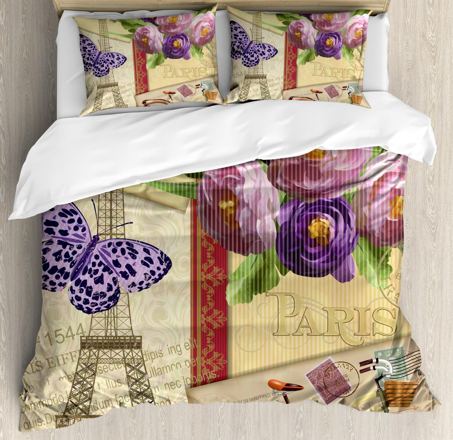 Paris Duvet Cover Set Famous French Landmark Eiffel Tower Postcards Paris Duvet Cover Set Famous French Landmark Eiffel Tower Postcards With Abstract Striped Backdrop Print Decorative Bedding Pillow Shams