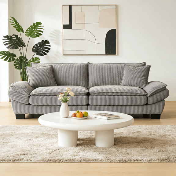 FurnitureR 84" Modern Corduroy Loveseat, 2-Seater Deep Seat Sofa for Small Spaces, Comfortable Upholstered Couch with 2 Pillows for Living Room, Light Grey
