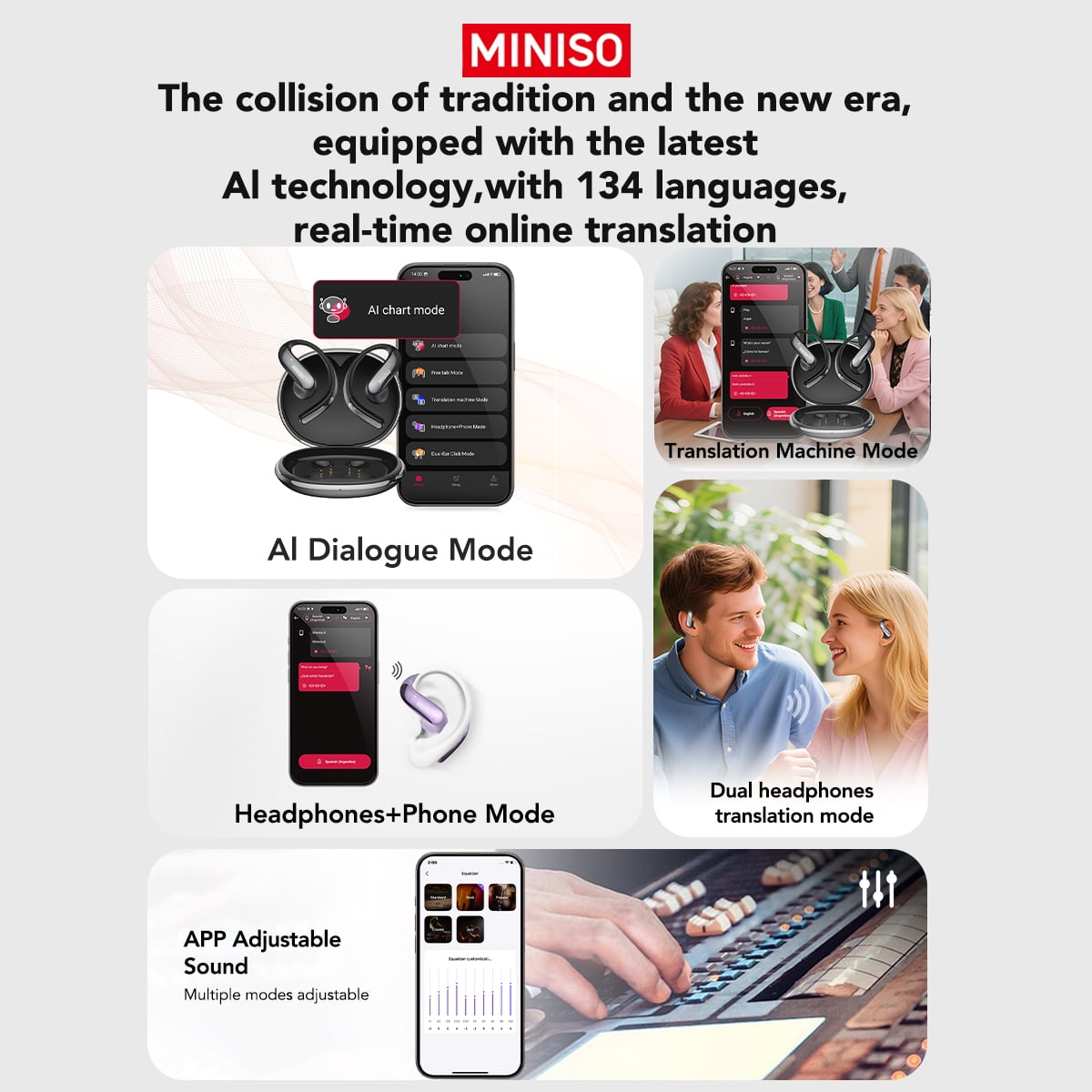 MINISO MS195 AI Translation Eabuds Real Time Open Ear Earbuds Bluetooth Wireless 5.4 AI Headphones IPX5 Waterproof