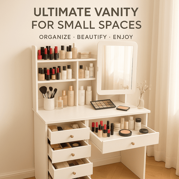 Modern Makeup Vanity Table with Lighted Sliding Mirror and Stool, Dressing Table Desk with 7 Drawers and Open Storage Shelves, Large Capacity Vanity Set for Bedroom Girls