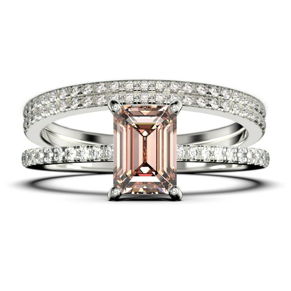 Art deco 2.00 Carat Emerald Cut Morganite And Diamond Moissanite Engagement Ring Set, Wedding Ring in 10k Solid White Gold, Feminine Gift, Promise Ring, Anniversary Gift