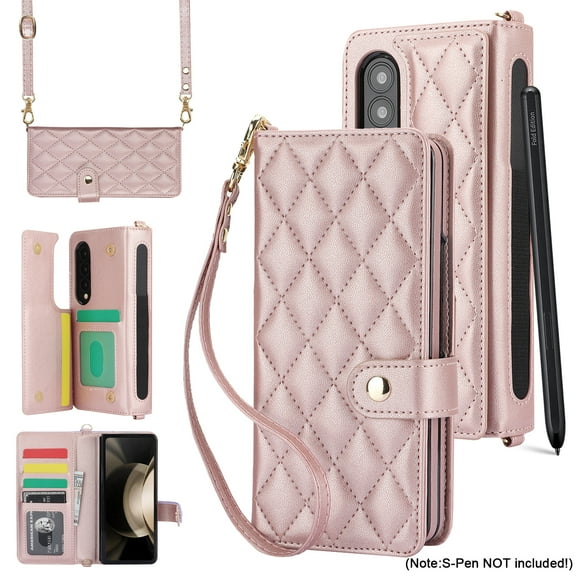 ELEHOLD for Samsung Galaxy Z Fold 4 Wallet Case,Luxury Premium PU Leather with Flip Card Holders Crossbody Shoulder Strap Wrist Strap Magnetic Clasp Shockproof Stand Cover for Galaxy Z Fold 4,Rosegold