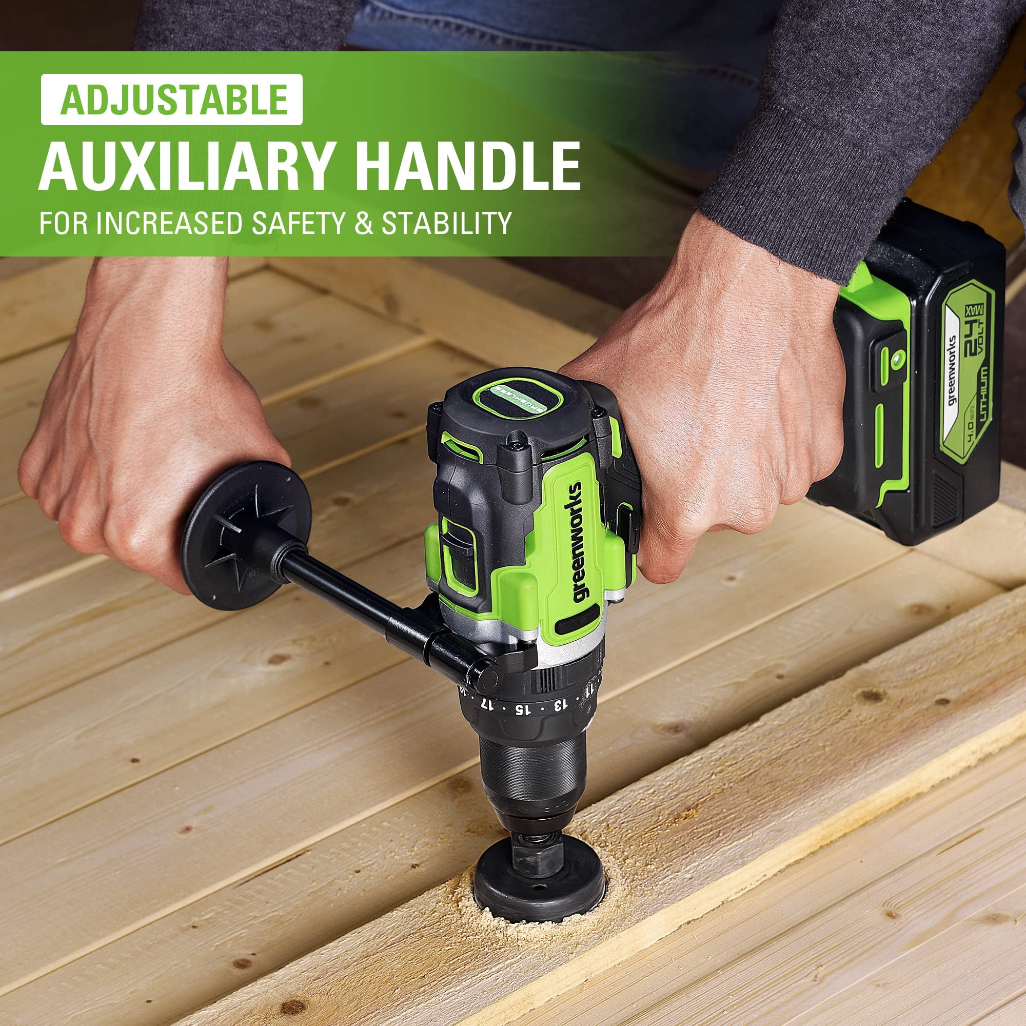 Greenworks 24V 1/2" 1240 in-lbs Brushless Hammer Drill, 4Ah Battery and Charger Included