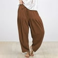 thumbnail image 2 of CQONEPT Clearance Plus Size Pants for Women Drawstring Cotton Linen Pant Loose Fit Solid Ruffled Trousers,Brown, 2 of 5