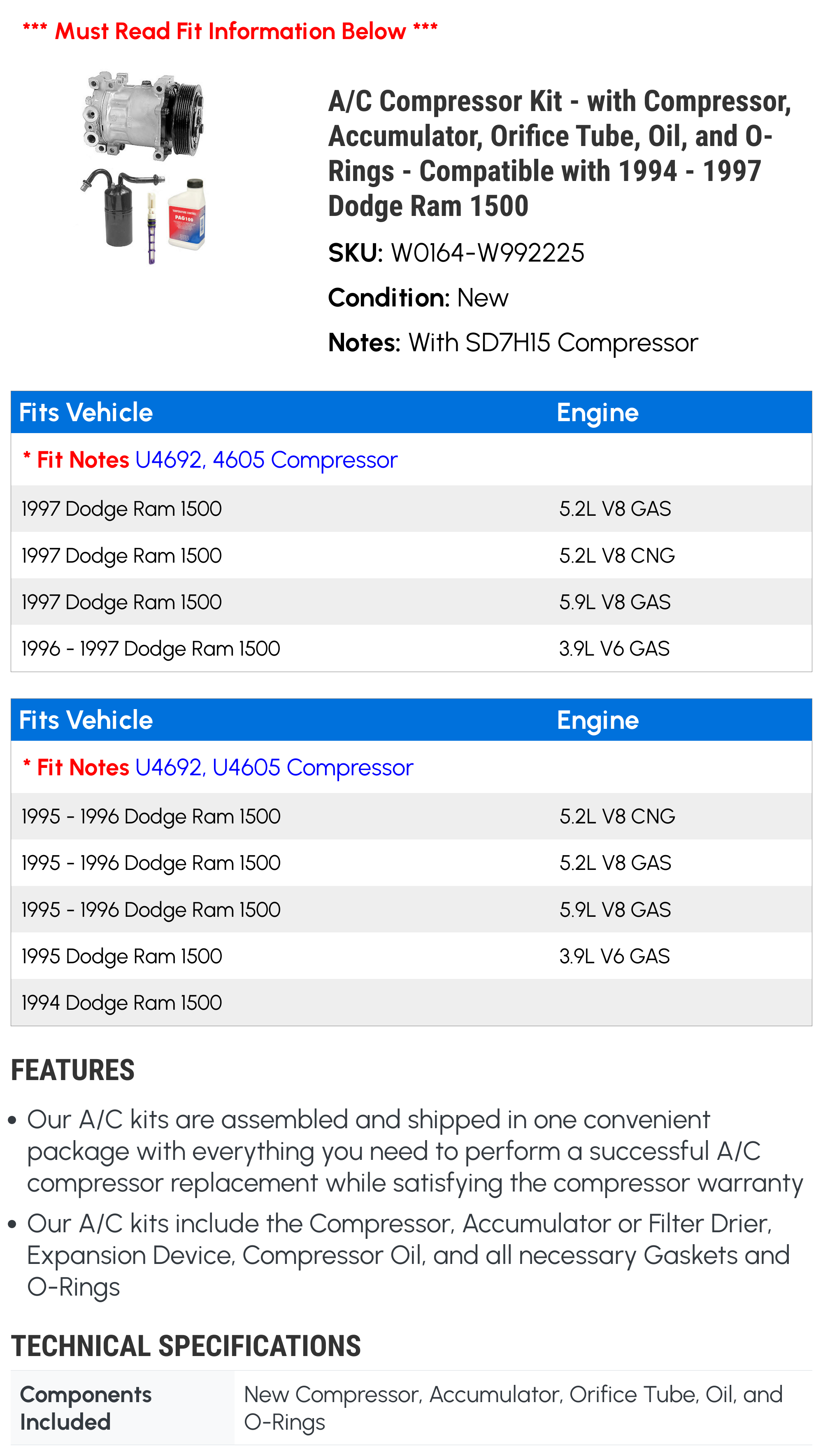 A/C Compressor Kit with Compressor, Accumulator, Orifice Tube, and  O-Rings Compatible with 1994 1997 Dodge Ram 1500 1995 1996