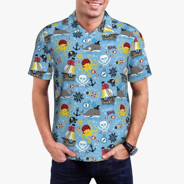 Balery Pirate Marine Animals Camisa Polo de Hombre con Estampado, de Manga Corta y Tejido Medio, Camisa Tipo Golf Polo-3X-Large