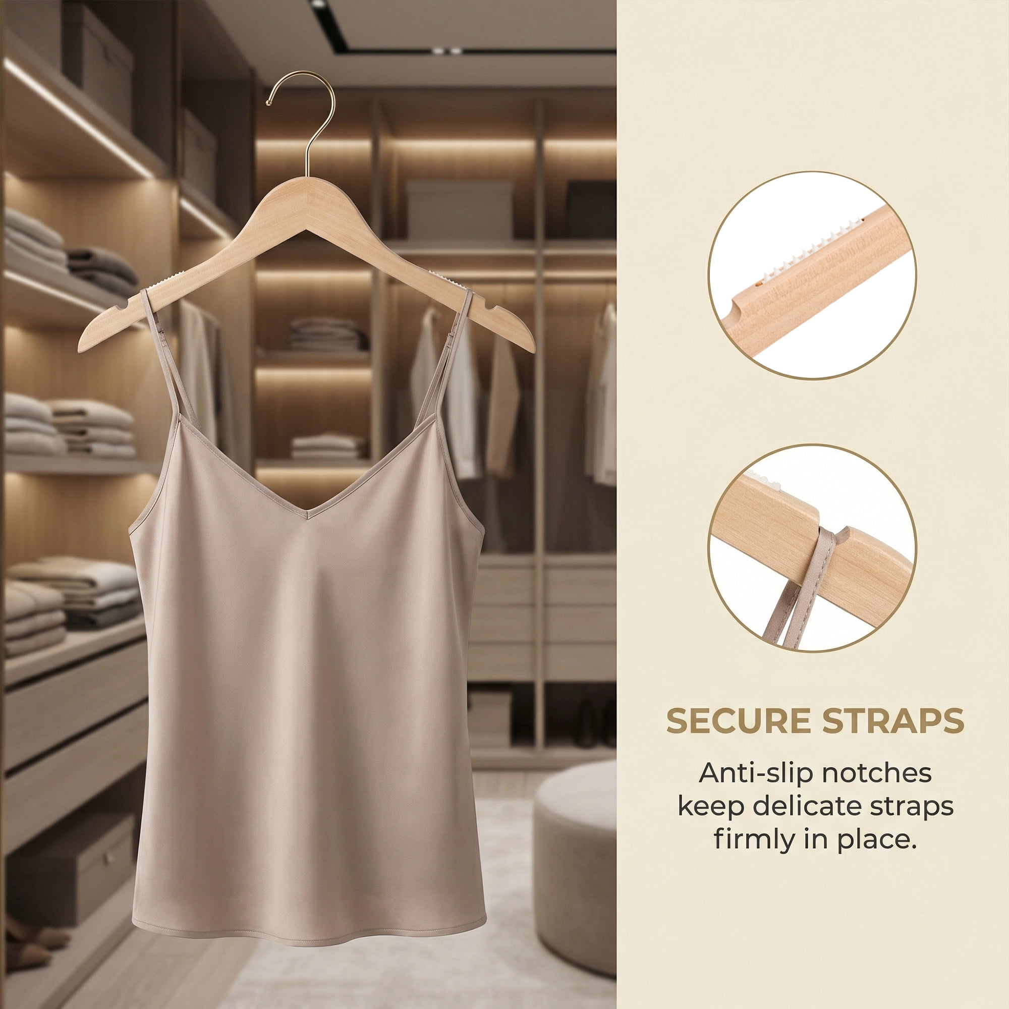 Unique Bargains 2 Pcs Wood Non-Slip Durable Space Saving Clothes Hangers Beige 15"x3.9"