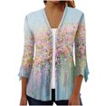 thumbnail image 1 of Pompotops Women's Floral Print Puff Sleeve Cardigan Loose Cover Up Blouse Tops 3/4 Sleeve Ruffle Open Front Button Cardigan Clearance, 1 of 5
