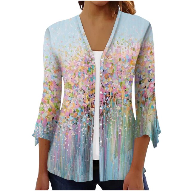 Pompotops Women's Floral Print Puff Sleeve Cardigan Loose Cover Up Blouse Tops 3/4 Sleeve Ruffle Open Front Button Cardigan Clearance