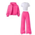 thumbnail image 3 of Dakiuu Girls Pants Set 3 Pieces Short Sleeve Tee Shirt Full Zip up Fleece Hoodie and Wide Straight Leg Jogger Sweatpants for Kids All Season Cute Matching Clothes Sweatsuit Set Hot Pink 10-11 Years, 3 of 4