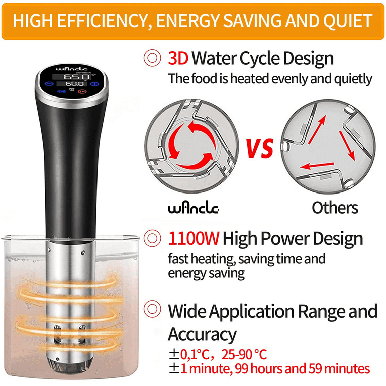 Wancle Sous Vide Cooker Machine 1100W IPX7 Immersion Circulator, Easy to  store, Include 10bags Clips Vacuum Pump Cookbook