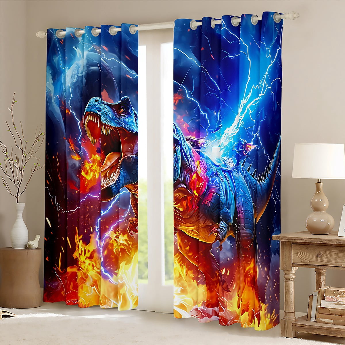 Manfei Kids Tyrannosaurus Rex Black Out Curtains, Boys Dinosaur Curtains Pack of 2 (42x63 Each), Fire Lightning Dino Bedroom Curtains, Luxury Room Decor