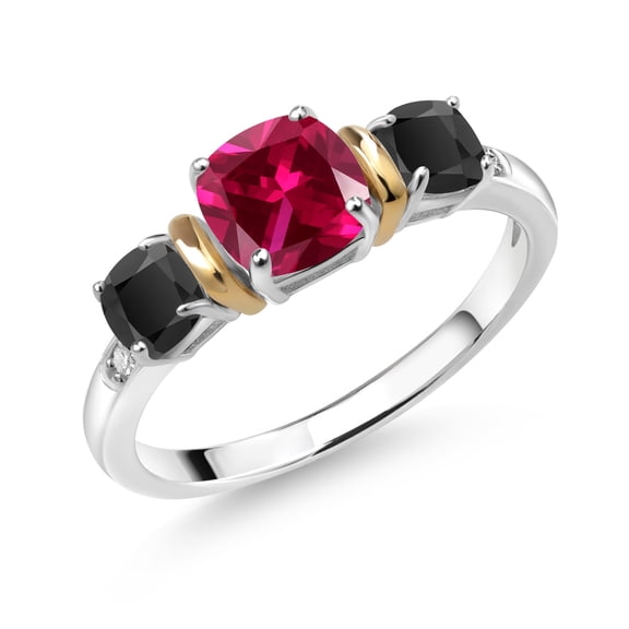 Gem Stone King 1.58 Ct Cushion Red Created Ruby Black Onyx 925 Silver and 10K Yellow Gold Ring (Size 7)