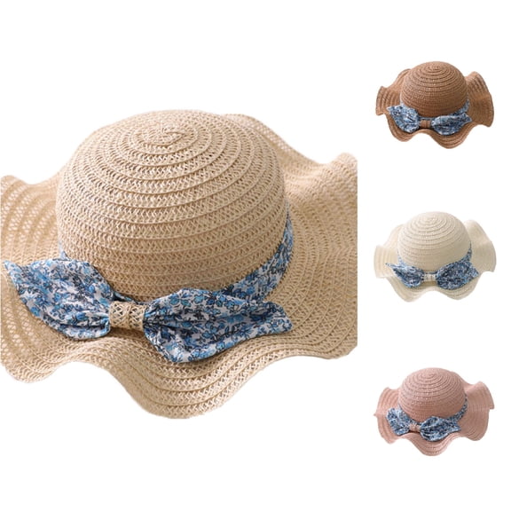 Xijirk Solid Hollow Woven Kids Straw Hat Floral Fabric Bow Ruffled Wide Brim Breathable Children Summer Outdoor Sun Hat One Size,Beige