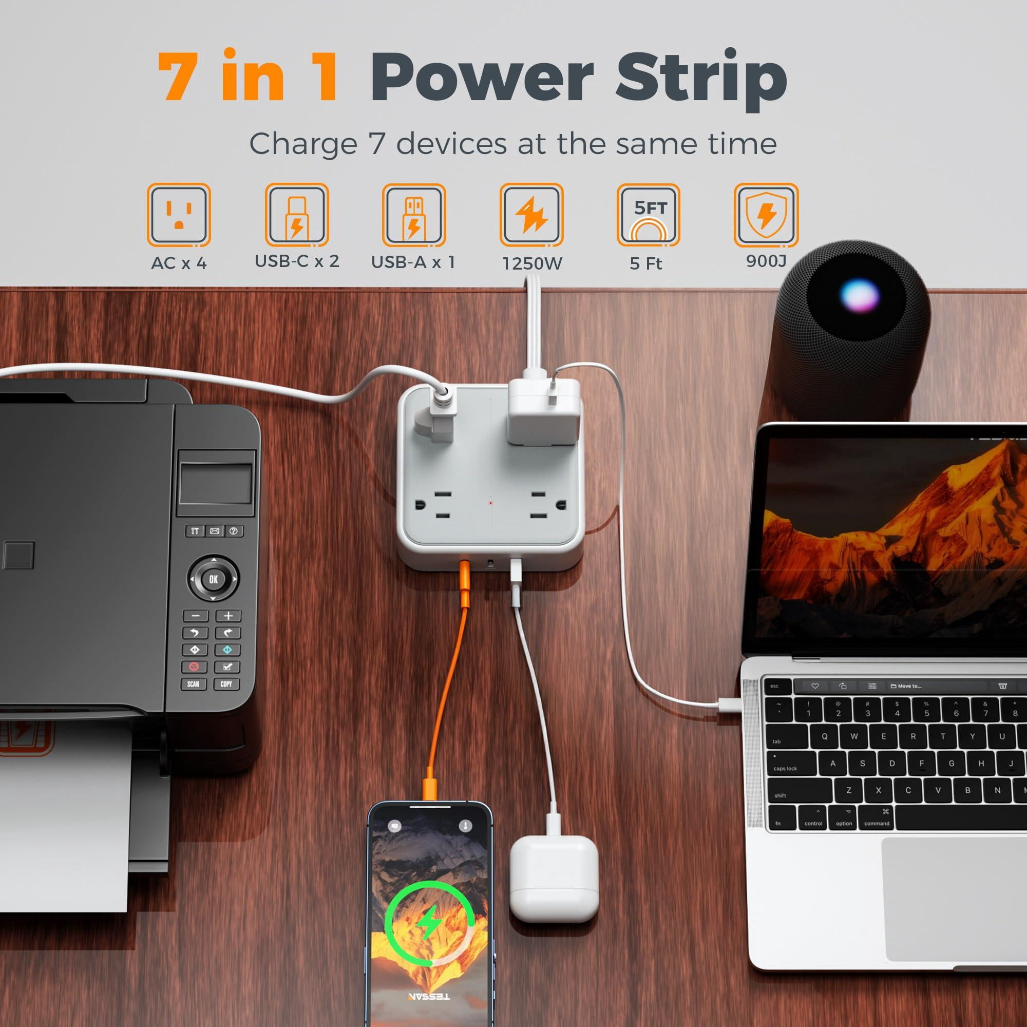 Surge Protector Flat Extension Cord 5ft  Plug Power Strip With 4 Outlets 3 Usb Ports (2 C) 900 Joules Protection Multiple Wall Outlet Extender Suitable For Home Office Dorm Grey