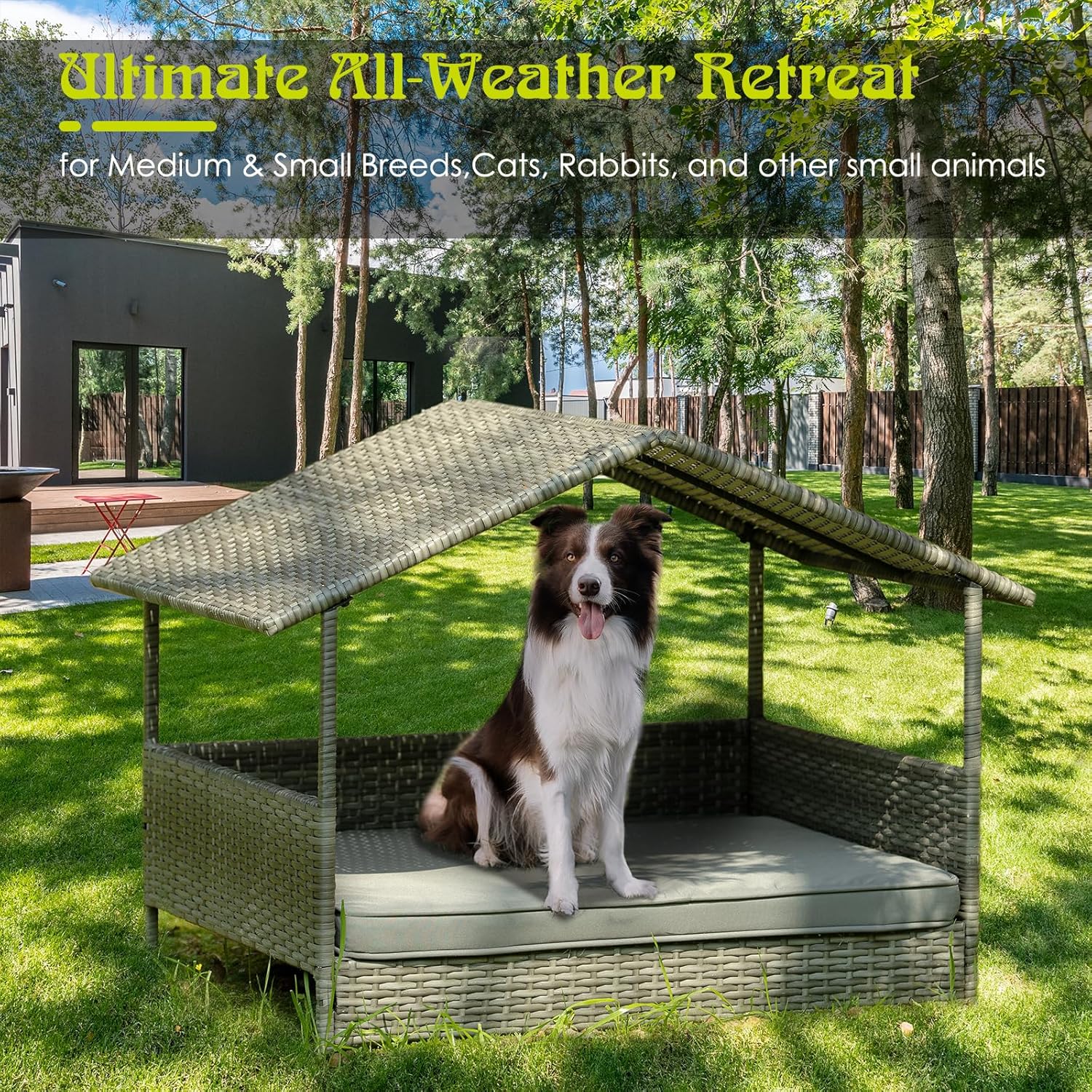 Wicker Dog House Outdoor Indoor with Canopy, Elevated Dog Shelter & Dog Bed with Light Gray Cushion, Water-Resistant Raised Pet House for Small Medium Dogs, Rattan Dog Cot for Deck, Patio, Yard, Pool