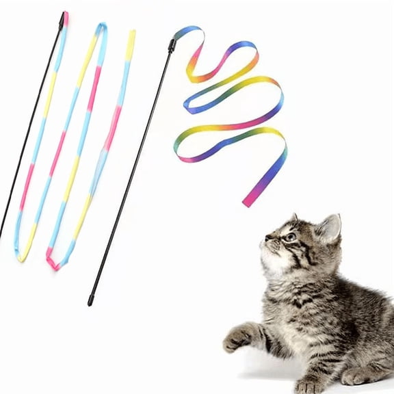 Potaroma 4-Pack Cat Wand Toys, Interactive Colorful Teaser Sticks with Rainbow Ribbon for Indoor Kitten Exercise and Play