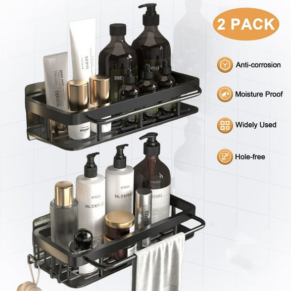 2 Pack Shower Shelves for Inside Shower with Hooks No Drilling Stainless Bathroom Shower Caddy Black