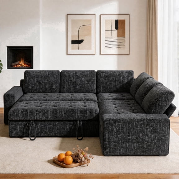 80" 5 Seat L Shaped Modular Sectional Sleeper Sofa Bed with Pull Out Bed/Reclining Backrest/USB Ports/Storage & Tufted Seat, Sectional Sleeper Couch, Tool-Free Assembly,Chenille Fabric Black