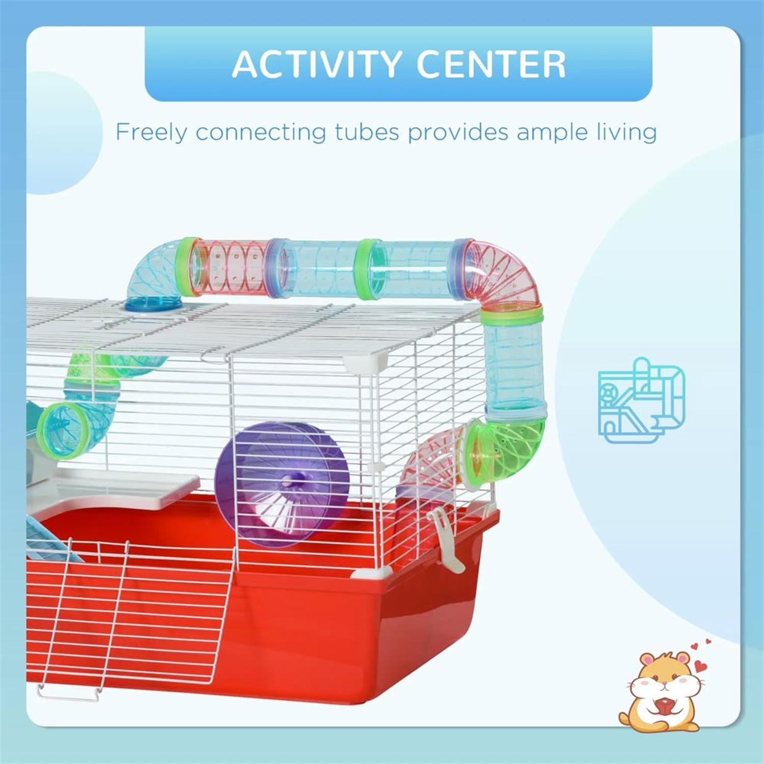 Kadyn 23" 2 Tiers Hamster Cage, Rodent Gerbil Mouse Mice Rat Wire Cage with Exercise Wheels and Water Bottle for Small Animal Habitats, Red