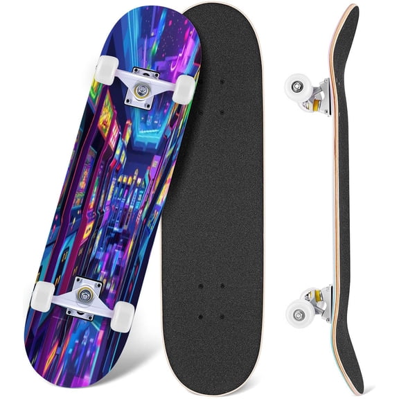Prxcm Skateboard Complete for Beginners Adults 31 x 8" Colorful Retro Arcade Neon Lights Seamless Maple Double Kick Concave Skateboards