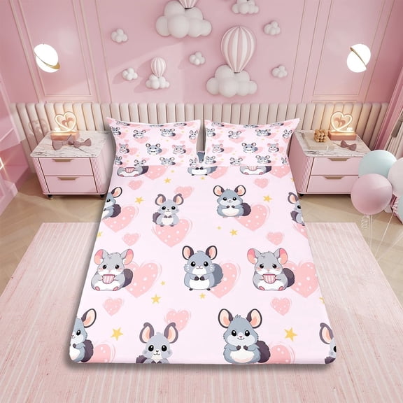 Cartoon Moose Bed Sheets Set Full,Pink Love Heart Sheet Set for Kids Boys Girls,Cute Rats Sheets,Kawaii Zoo Animal Flat Fitted Sheet with 2 Pillowcases for Bedroom