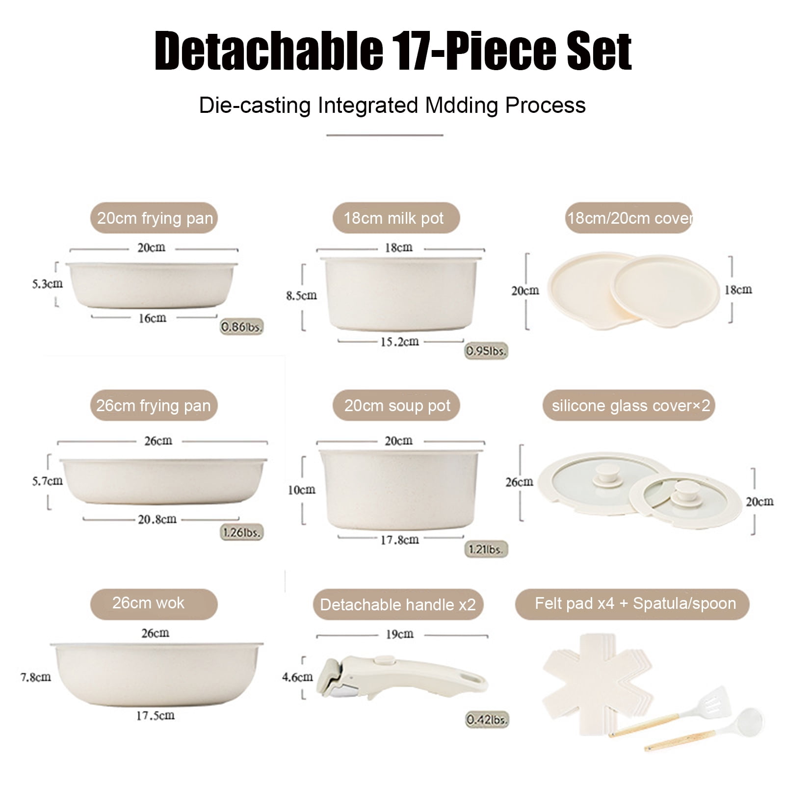 Jozram 17 PCS Ceramic Pots and Pans Set Non Stick, Cookware Set with Detachable Handle, Oven Safe, Induction Ready, Stackable RV Kitchen Cooking Set Removable Handles, Cream White