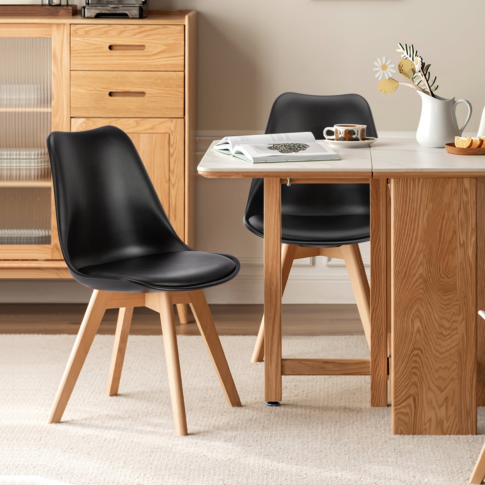 CONCETTA Set of 4 Dining Chairs with Padded Seats & Wooden Legs for Kitchen or Living Room, Black