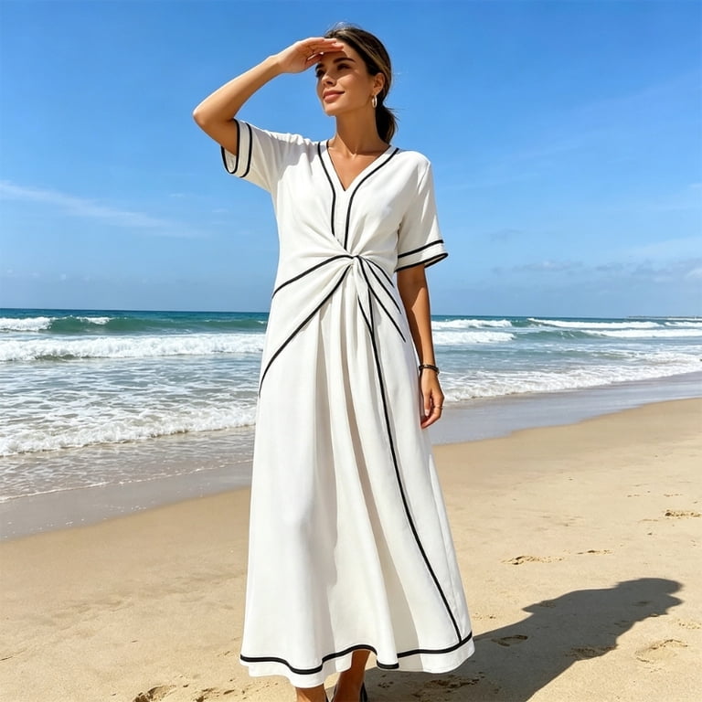 loose flowing dresses Women's Linen Short Sleeve V Neck Maxi Dress Twist Front A Line Flowing Loose Long Dresses with Pockets