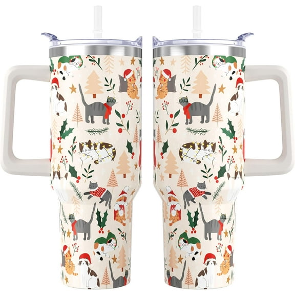 Christmas Tumbler, Cute Cat Xmas Tree Red Berry Tumbler with Handle and Straw, 40 oz Stainless Steel Insulated Water Bottle Christmas Birthday Winter Gifts for Women