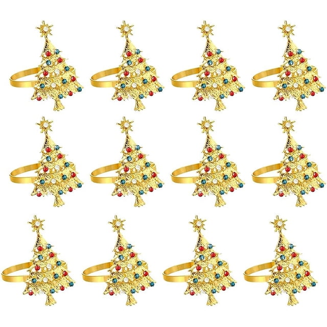 Jinsinto Set of 12 Christmas Tree Napkin Rings Rhinestone Christmas Napkin Ring Buckle for Christmas Wedding Dinner Table Decoration