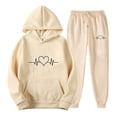 thumbnail image 2 of Jinhomg Plain Sweatsuits for Women 2 Piece Casual Comfy Tracksuit Cute Heart Print Long Sleeve Hoodies with Elastic Drawstring Waist Sweatpants Limited Time Deal Beige M, 2 of 3