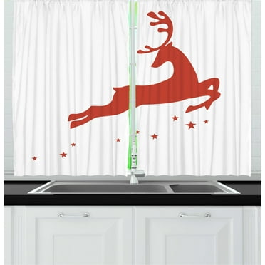 Ambesonne Valentine's Day Kitchen Curtains, Jumping Reindeer, 55"x39", White Red