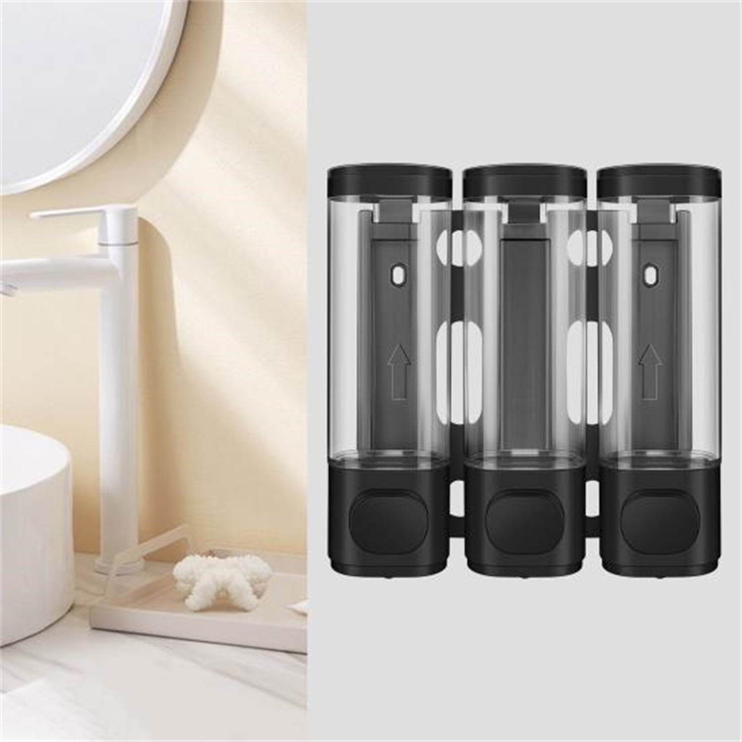 Shower Soap Dispenser 3 Chamber, Dingrich Wall Mounted Shampoo and Conditioner Dispenser with Labels, 400ml Large Capacity Shampoo Dispenser Set for Bathroom, Hotel, Kitchen, RV - Black