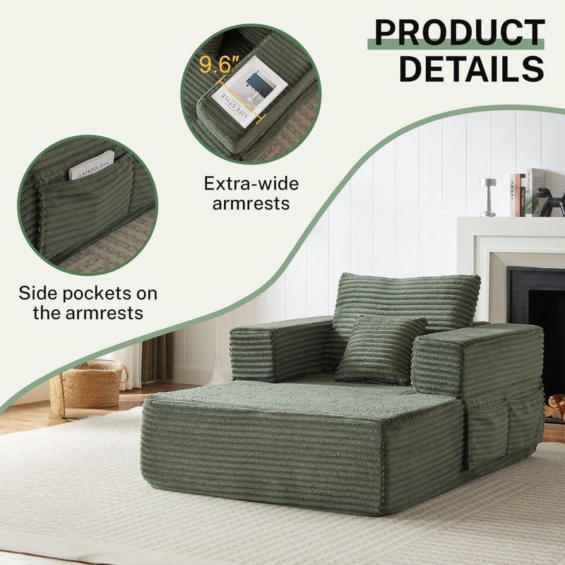 Single-Seater Upholstered Lazy Sofa, Floor Lounge Chair with Back Cushion & Throw Pillow, Oversized Chaise Lounge with Pockets