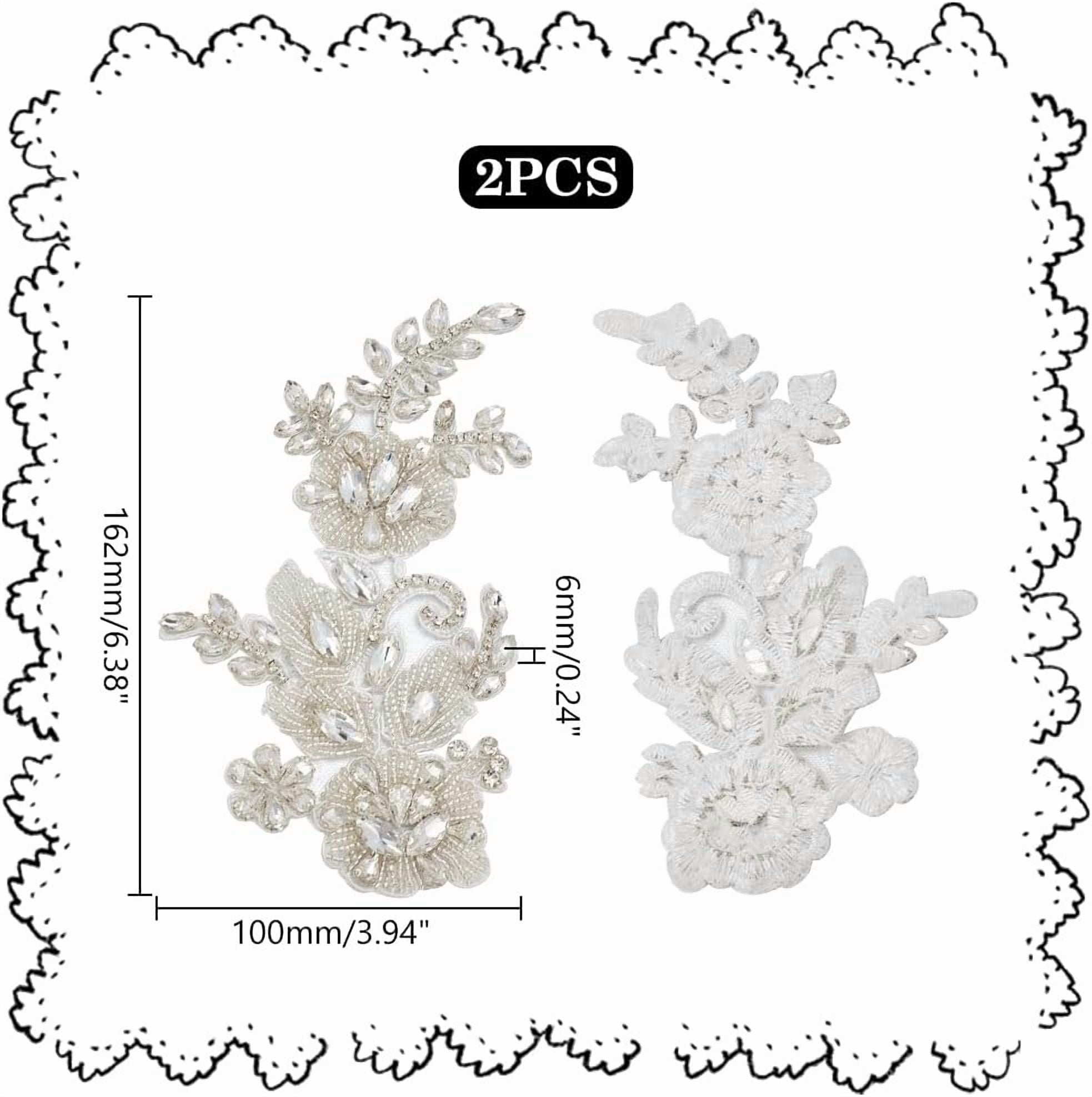 2Pcs Rhinestone Lace Applique Sparkling Rhinestone Iron on Wedding Applique Patches for Bridal Dress Decoration Handmade Sewing on Neckline Embroidery Applique for DIY Costume Dress Clear