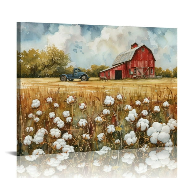 ONETECH Farmhouse Canvas Wall Art Framed Landscape Painting Teal Old Barn Rustic Country Farm Decor Picture for Bedroom Living Room Ready to Hang Size 20x16in