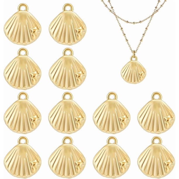 12 piezas de dijes de concha de latón chapados en oro real de 18 quilates, dijes de concha, colgantes de joyería de latón para hacer aretes, pulseras, collares y bisutería.