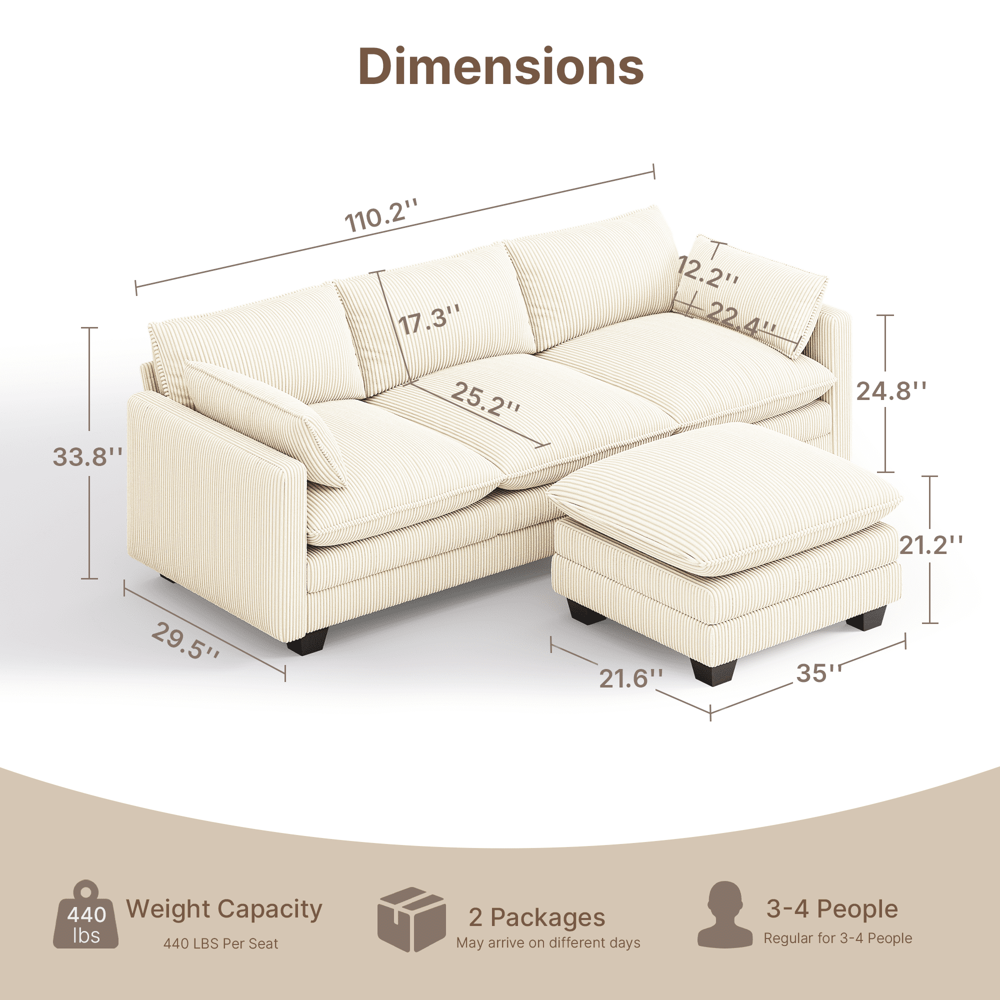 110'' Oversized L Shaped Corduroy Cloud Couches with Ottoman and Washable Cover for Living Room, Modern 4 Seater Cloud Sofa with Comfy Deep Seat and Throw Pillows for Apartment, Beige