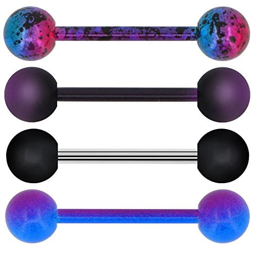 OUFER Tongue Barbells 4PCS Stainless Steel 14G Barbell Tongue Rings Purple Black Splatter Tongue Piercing Jewelry