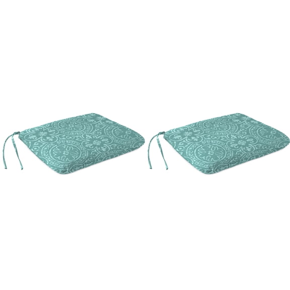 Jordan Manufacturing 18" x 19" Quasi Zinc Turquoise Geometric Rectangular Knife Edge Outdoor Chair Pad Seat Cushion with Ties