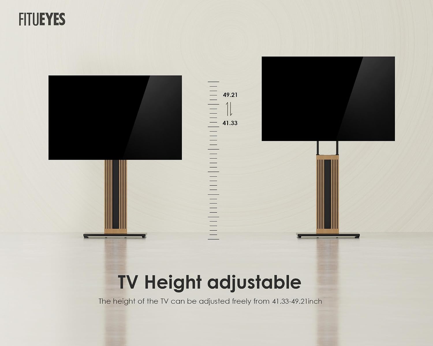 FITUEYES Zen Series Floor TV Stand for 32–65 Inch TVs, Black & Light Wood, Hidden Storage