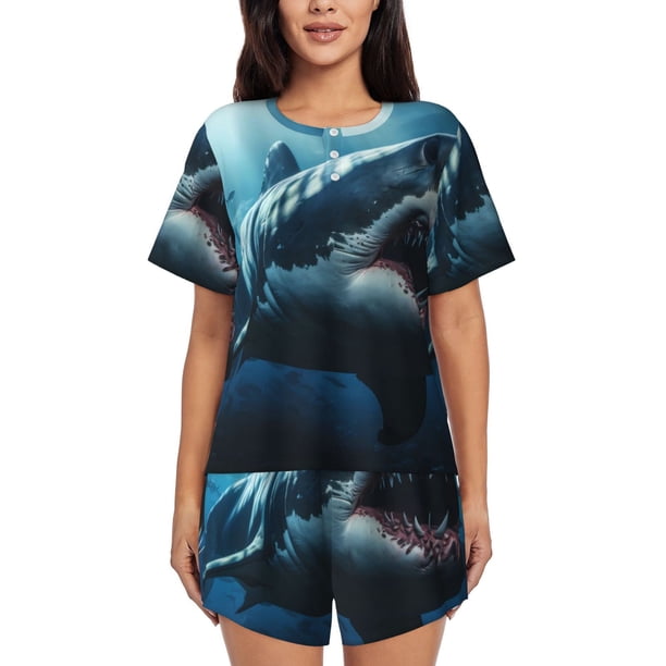 Fotbe 3D Realistic Shark Conjunto de Pijama Estampado para Mujer, 2 Piezas, Ropa de Dormir con Camiseta de Manga Corta y Shorts Suaves-X-Large
