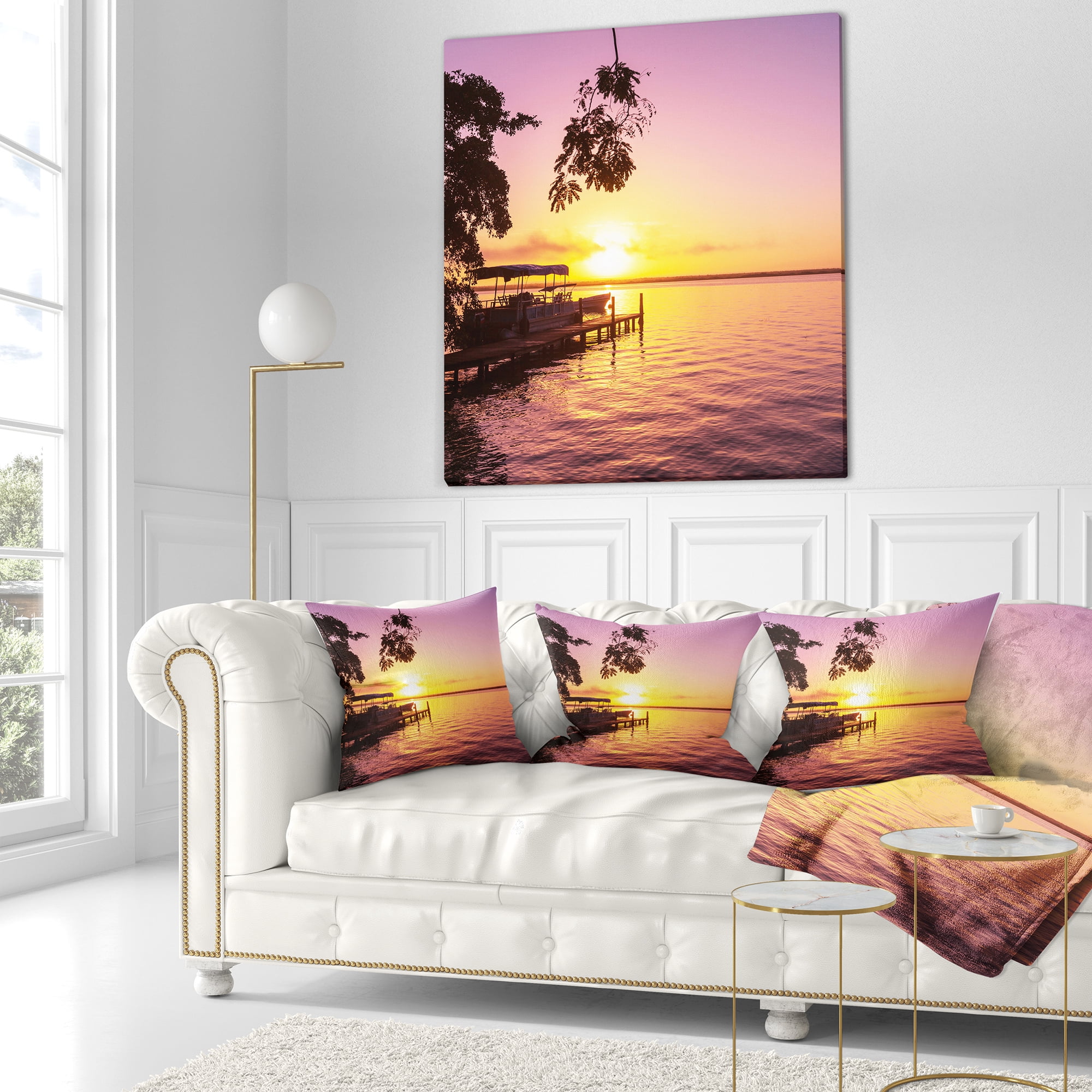Designart Tropical Beach with Fantastic Sunset - Landscape Printed Throw Pillow - 16x16