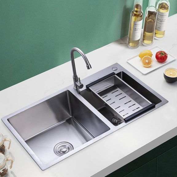 Drop-in Kitchen Sink, 30" x17'' Double Bowl Stainless Steel Built-in Kitchen Sink w/Drain Double Basin with Accessories Black for Garages, Laundry Rooms, Basements, Terraces, Bars, Bathrooms, etc