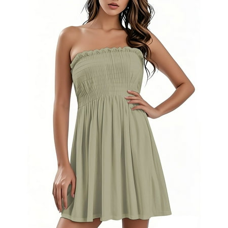 OAMDNDEA Summer Dresses for Women Vacation Boho Beach Cover Ups Strapless Solid Color Tube Top Dress Cute Sexy Short Dress Beach Vacation Clothes Khaki XL